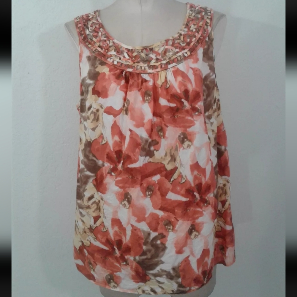 Dana Buchman Coral Floral Beaded Neck Sleeveless Blouse